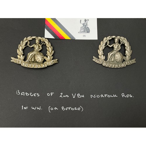 9419 - Two 2nd Volunteer Battalion Norfolk Regiment cap badges, white metal with two lugs to reverse