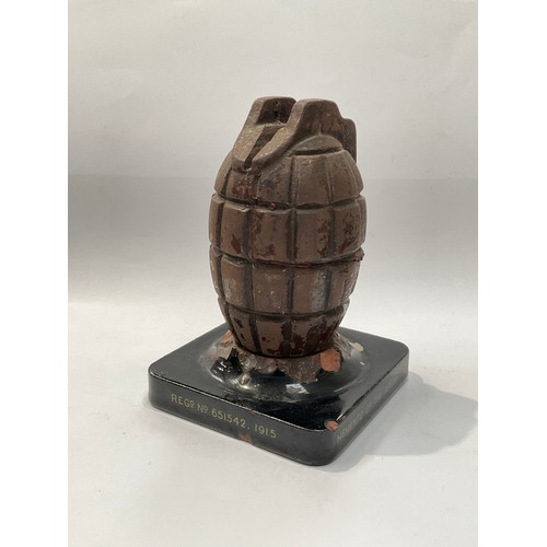 9455 - A WWI Mills grenade replica casting converted into a moneybox, mounted onto ceramic base, '1915 Meme... 