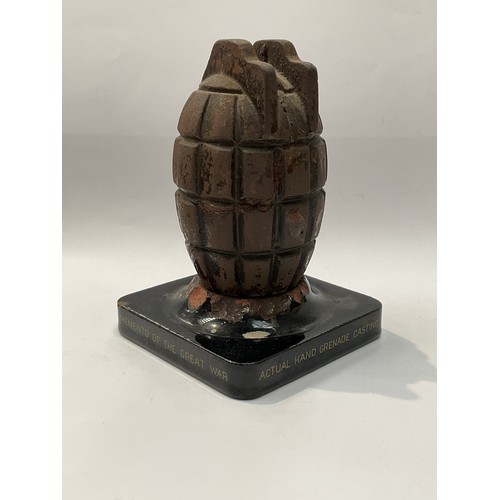 9455 - A WWI Mills grenade replica casting converted into a moneybox, mounted onto ceramic base, '1915 Meme... 