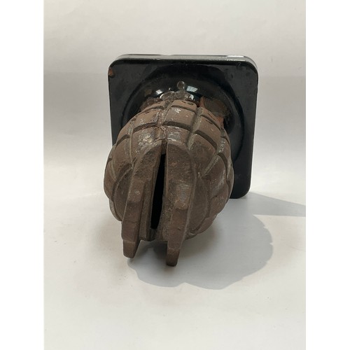 9455 - A WWI Mills grenade replica casting converted into a moneybox, mounted onto ceramic base, '1915 Meme... 