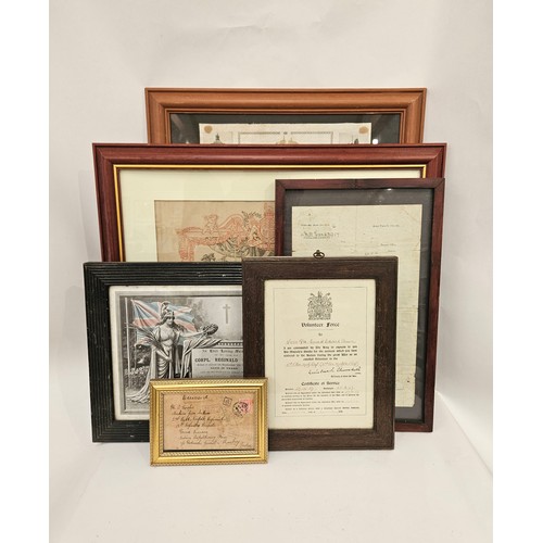 9199 - NORFOLK REGIMENT INTEREST: Six framed Norfolk Regiment related pieces of ephemera including discharg... 