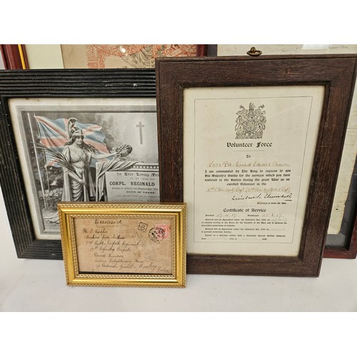 9199 - NORFOLK REGIMENT INTEREST: Six framed Norfolk Regiment related pieces of ephemera including discharg... 