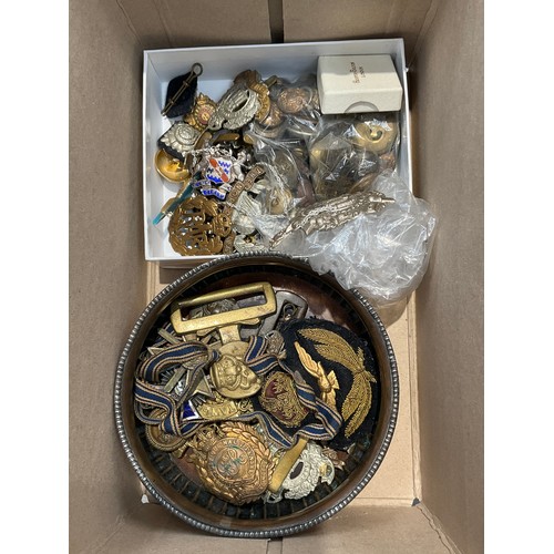 9555 - A box of various military badges and insignia including Norfolk Regiment and Royal Engineers