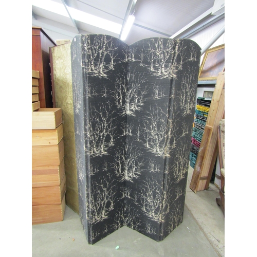 2457 - A 1950's folding room screen with bark cloth covering in black with white tree's