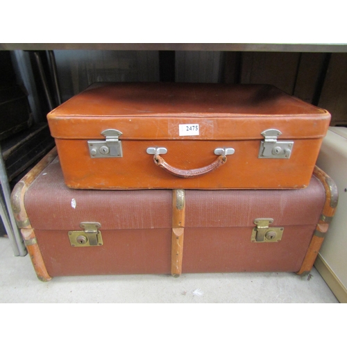 2475 - Two brown leather travel cases and a trunk