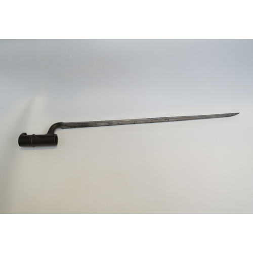 9330 - A 19th Century socket bayonet with brass mounted leather scabbard, end missing, total length approxi... 