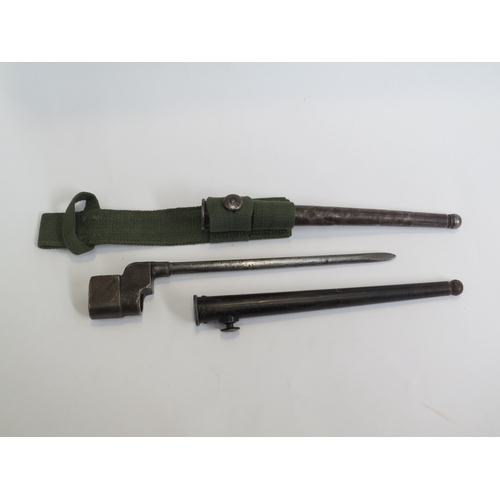 9332 - A WWII British plug bayonet with scabbard, with an extra scabbard