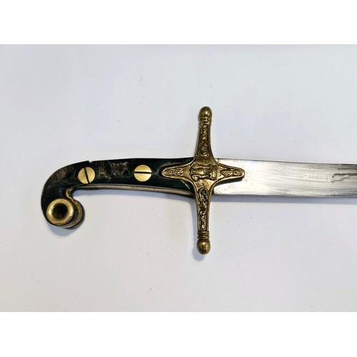 9354 - A reproduction reenactor's Mameluke style sword, brass and steel scabbard, grip a/f