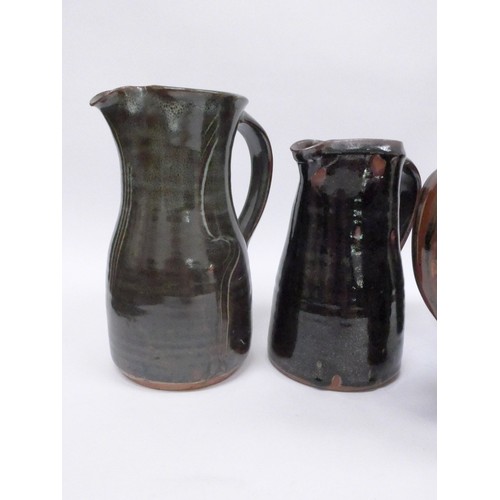 7127 - A collection of studio pottery jugs and a coffee pot from Winchcombe, Lowerdown etc, some a/f. Talle... 