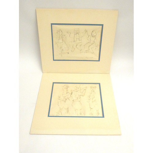 7609 - JOVAN OBICAN (French 1918-1986) Two mounted pen & ink drawings of musicians. Signed bottom right & l... 