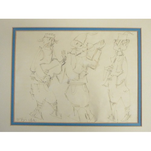 7609 - JOVAN OBICAN (French 1918-1986) Two mounted pen & ink drawings of musicians. Signed bottom right & l... 