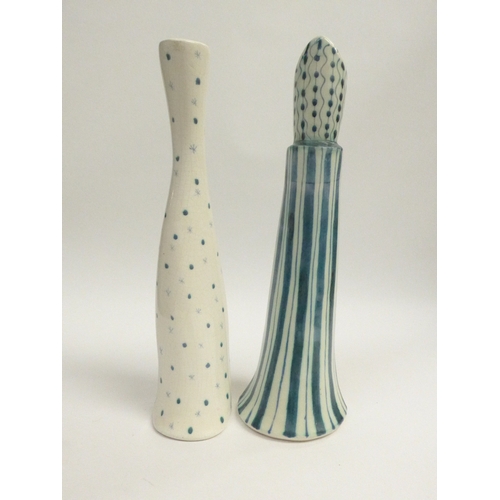 7080 - Two Rye Pottery figures by David Sharp - Queen (chip to base) and Bishop. Both painted in blue and p... 