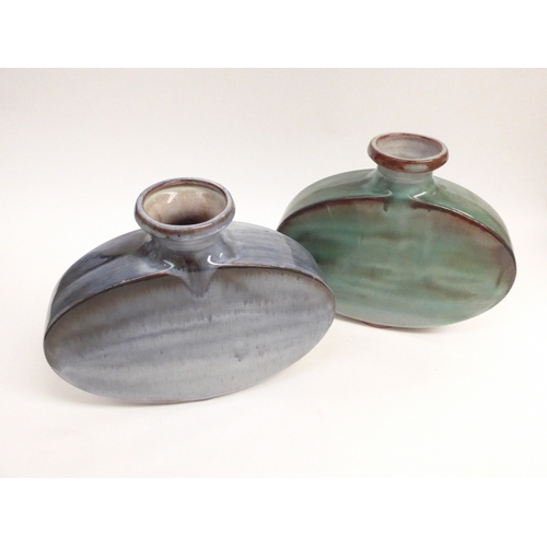 7047 - Two Llangollen Pottery oval vases, blue and green wash glazes. Printed marks to bases. 20.5cm high