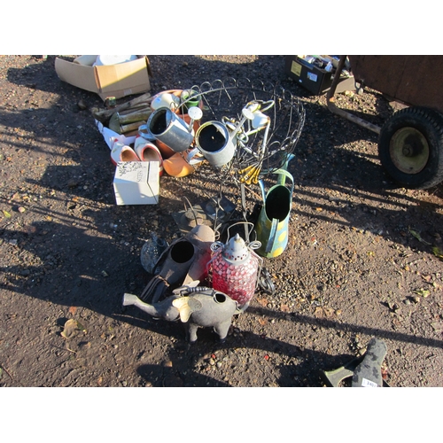 3402 - A basket stand, galvanised watering can and lanterns, etc