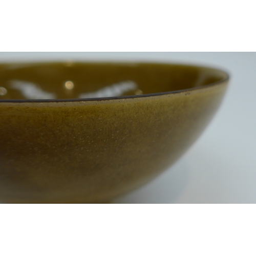 7160 - DAME LUCIE RIE (1902-1995) (ARR) A Studio stoneware bowl with olive green glaze, manganese rim.  Imp... 