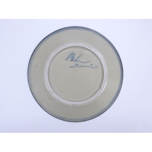 7118 - BERNARD LEACH (1887-1979): A St Ives pottery side plate, with painted blue dash decoration.  Painted... 