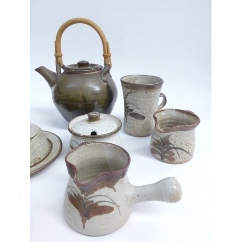 7227 - A collection of Lowerdown Pottery - mainly painted Foxglove pattern jugs, pots, dish and cover.  Plu... 