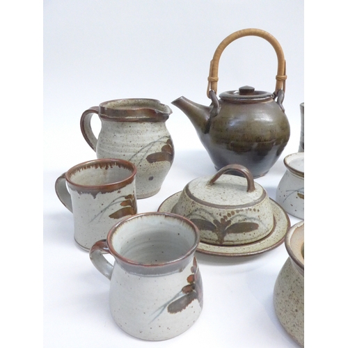 7227 - A collection of Lowerdown Pottery - mainly painted Foxglove pattern jugs, pots, dish and cover.  Plu... 