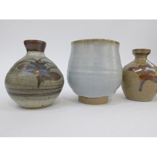 7113 - Two Lowerdown Pottery bud vases painted with the Foxglove pattern, a Lowerdown Yunomi with china gla... 