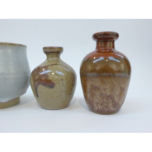 7113 - Two Lowerdown Pottery bud vases painted with the Foxglove pattern, a Lowerdown Yunomi with china gla... 