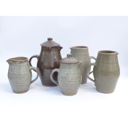 7066 - St Ives Leach Pottery - Five various coffee pots, three minus lids and re-glued handle to one.  Impr... 