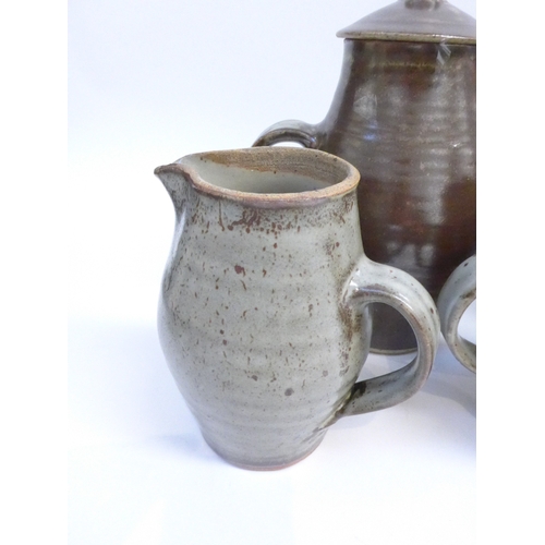 7066 - St Ives Leach Pottery - Five various coffee pots, three minus lids and re-glued handle to one.  Impr... 