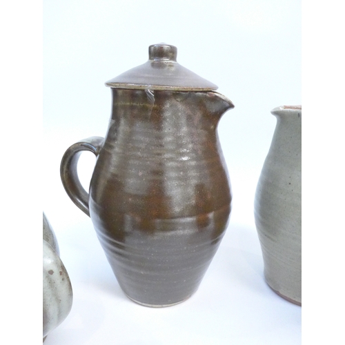 7066 - St Ives Leach Pottery - Five various coffee pots, three minus lids and re-glued handle to one.  Impr... 