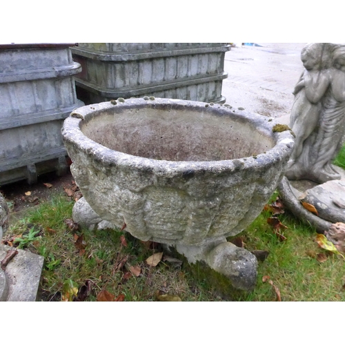 3447 - A weathered bowl planter on three supports and a three graces birdbath, bowl a/f