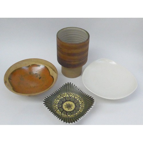 7228 - Three mid Century ceramic dishes including Norwegian example and a studio pottery cylindrical vase, ... 