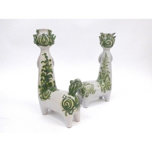 7215 - BJORN WIINBLAD (Danish 1918-2006) Two pottery Centaur candle holders, hand painted green detail. Pai... 