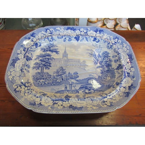 1002 - A 19th Century blue and white meat drainer plate with scene depicting Glasgow Cathedral church, 47cm... 