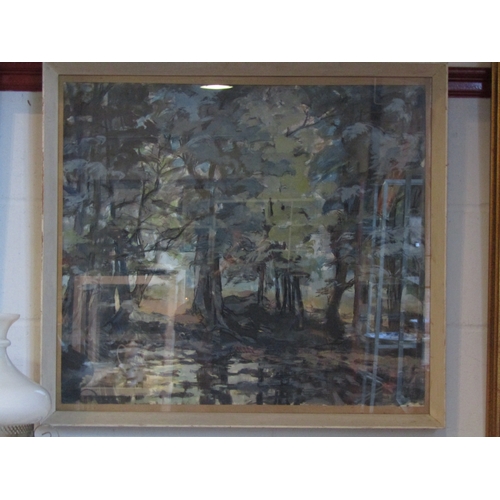 1015 - A mixed media woodland scene, signed and dated 1961, framed and glazed, 60cm x 67cm image size