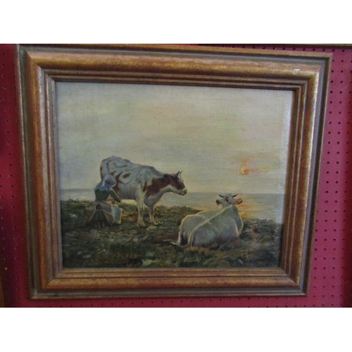 1040 - An early 20th Century oil painting depicting milkmaid and cows overlooking the sea at sunset, framed... 