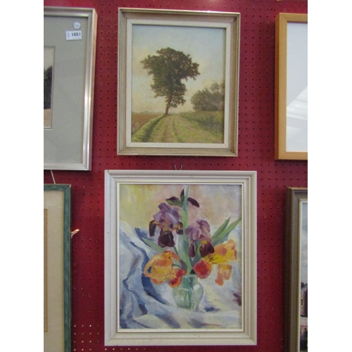 1050 - Two 20th Century oil paintings on canvas board, Iris and Oak tree on lane at Thorpe Common. 35cm x 2... 