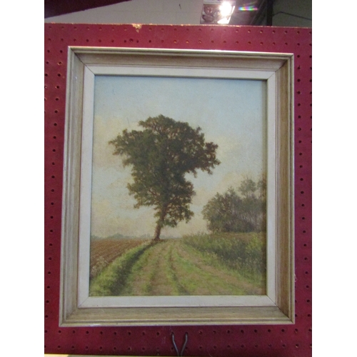 1050 - Two 20th Century oil paintings on canvas board, Iris and Oak tree on lane at Thorpe Common. 35cm x 2... 