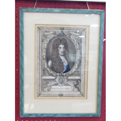 1052 - An etching portrait of King Charles II, framed and glazed, 29cm x 21cm image size