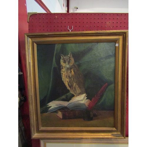 1065 - An oil on canvas depicting still life with owl sat on books by inkwell and quill, gilt framed, 45cm ... 