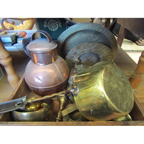 1136 - A box of metal wares including copper jug, small brass jam pan etc.