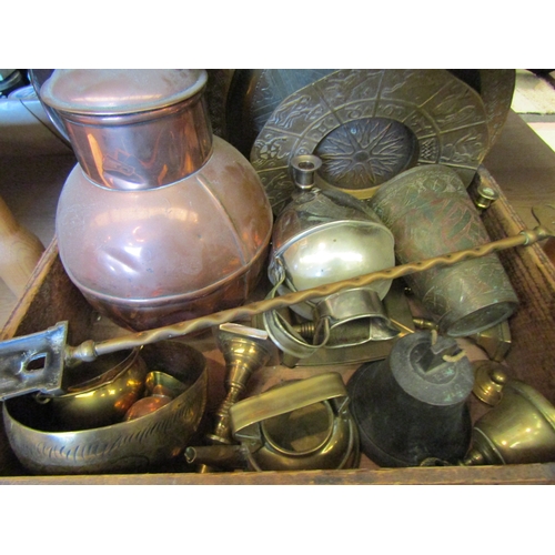 1136 - A box of metal wares including copper jug, small brass jam pan etc.