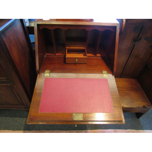 1141 - A burr walnut veneer bureau, drop-flap over single drawer flanked by brushing slides, cabriole legs ... 