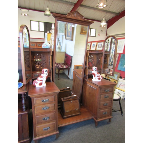 1152 - A late Victorian mahogany dressing chest with central full height cheval mirror flanked by Art Nouve... 