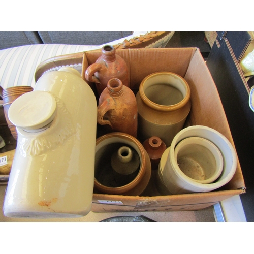 1171 - A box of mixed stoneware flagons, jars, hot water bottle etc.