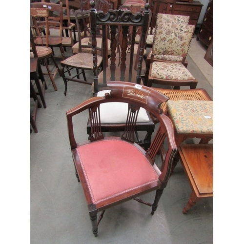 2165 - An Edwardian inlay corner chair, back stretcher broken