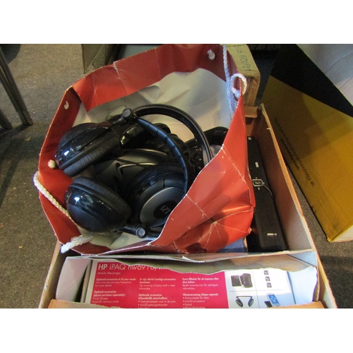 1181 - A Logitech Z-2300 subwoofer speaker and a box of mixed hi-fi and AV items including Sennheiser and A... 