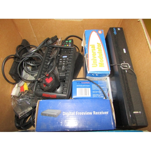 1181 - A Logitech Z-2300 subwoofer speaker and a box of mixed hi-fi and AV items including Sennheiser and A... 