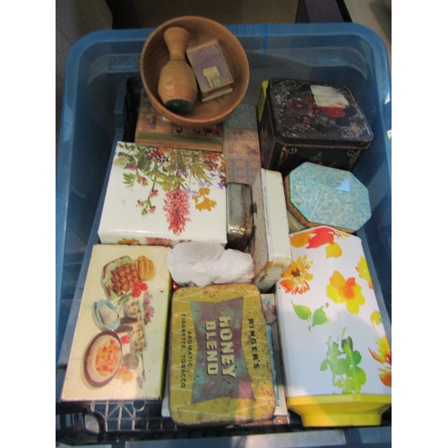 1215 - Three boxes containing vintage tins, Dads Army tin set, pewter and metalware