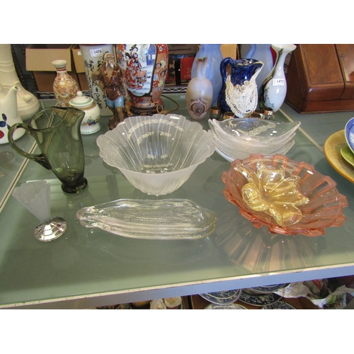 1471 - Retro Deco glassware including dishes, gilt decorated dish, jug and serving dishes