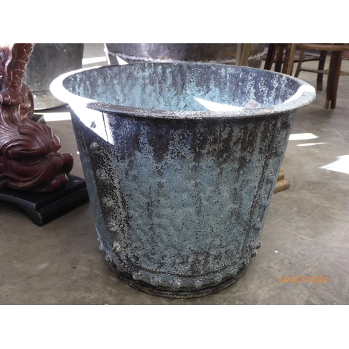 2020 - A verdegris finish metal log bin/planter, 50cm diameter