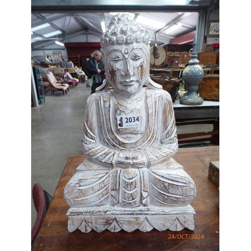 2034 - A white painted carved sitting Buddha