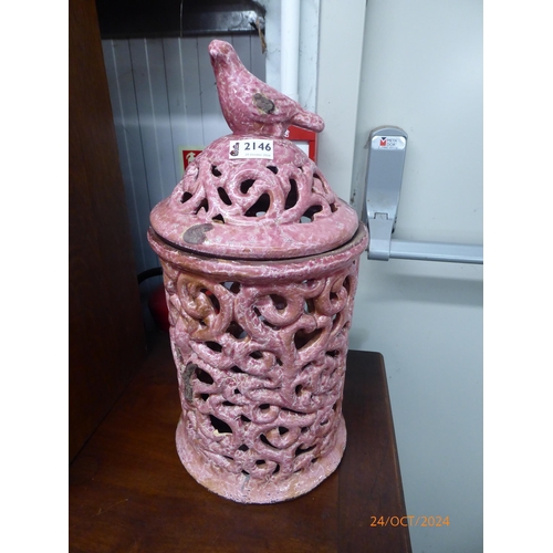 2146 - A pink crackle glazed candle holder